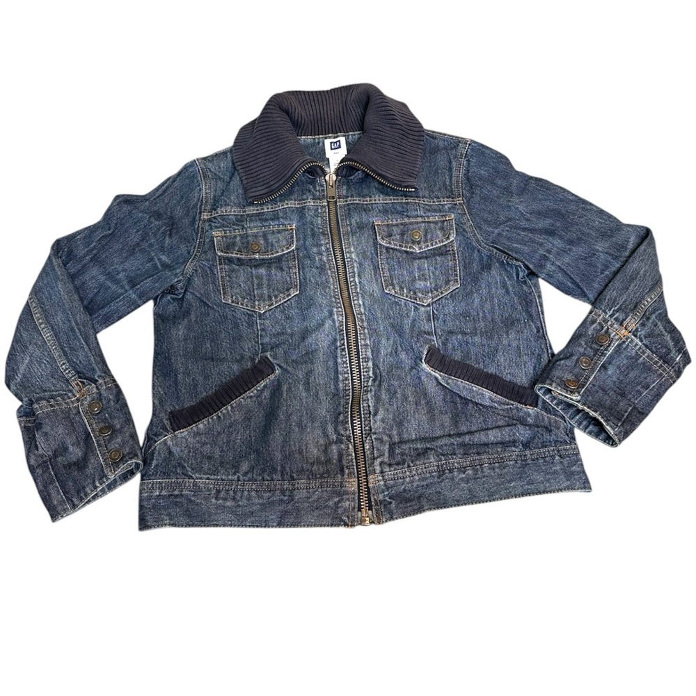 GAP Y2K 2000s Denim 100% Cotton Worn Look Blue Ribbed Collar Jacket Size Large